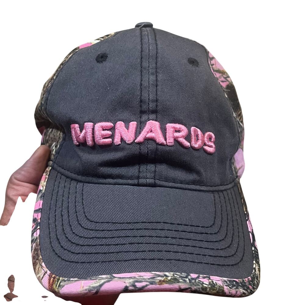 Menards Pink Camo Adjustable Hat Black Embroidered Logo Strapback Cap